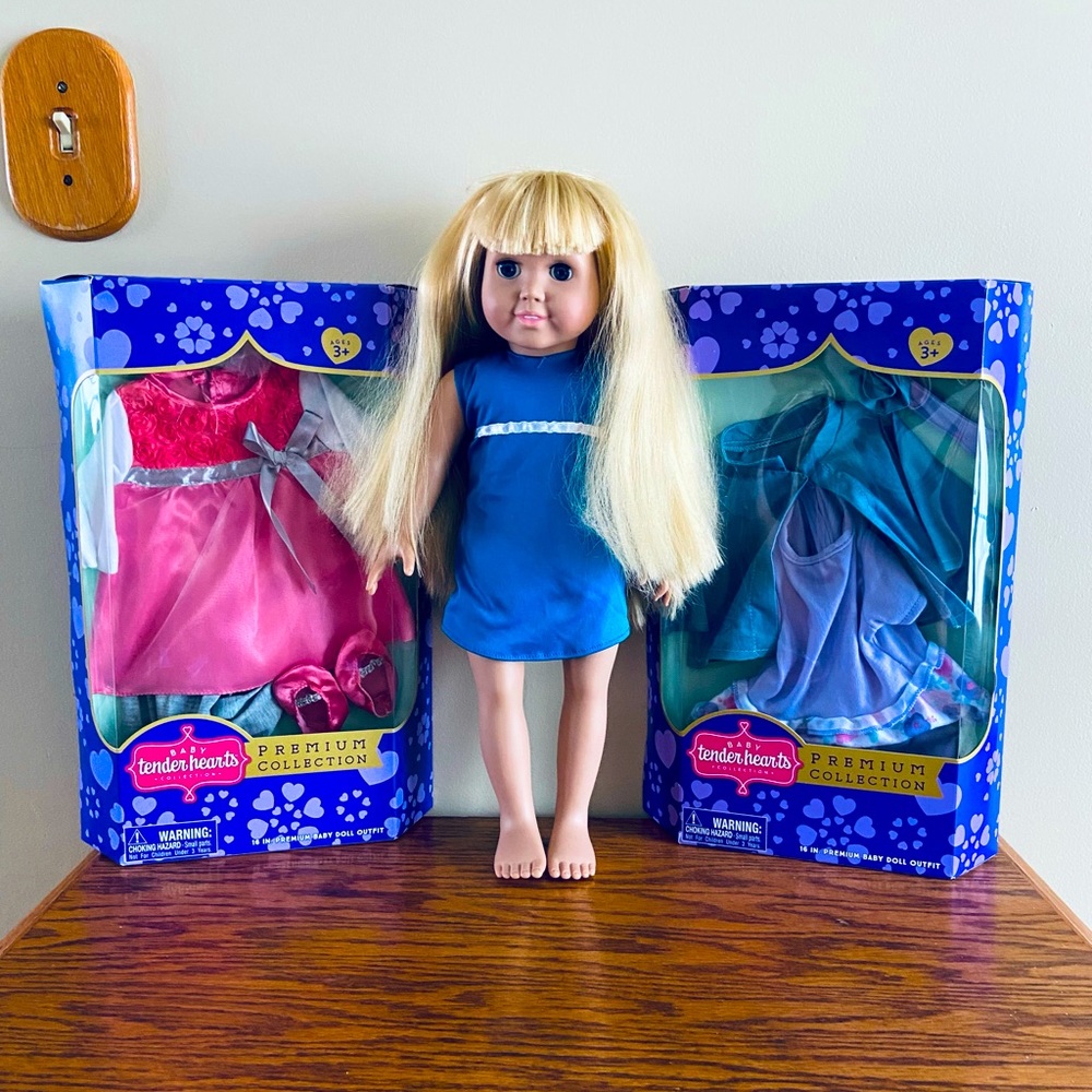 6 NWT Tenderhearts Outfits and a Beautiful 16” Doll - Picture 9 of 11